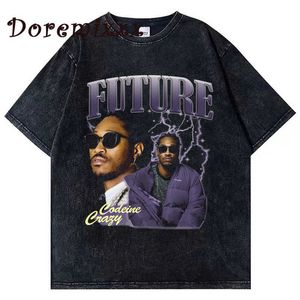 T-shirt da uomo Hip Hop T-shirt lavata da uomo Future Rapper Graphic Print T-shirt nera Donna Harajuku Vintage anni '90 Tshirt Summer Short Sleeve Tees J230516