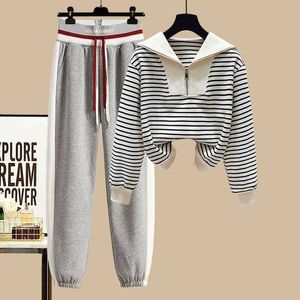 Women's Two Piece Pants 2023 New Korean Women's spring Autumn Tracksuit Striped Zip Sweater Blouse + High Waist Casual Pants Sportswear Two Piece Suit P230516