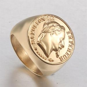 Klasyczny 316L Złoty pierścień ze stali nierdzewnej Napoleon dla mężczyzn Punk Style Wiking Lider Ring Titanium Steel Ring226V