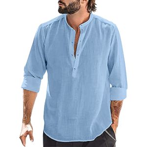 Erkekler Sıradan Gömlek Pamuk Keten Gömlek Erkek Yaz Stand Yakası Uzun Kollu Gevşek Düğme Bluzlar Üstler Boho Harajuku Camisas Blusas Büyük Boyut 230515