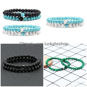 Beaded Distance Bracelet For Women Couples Classic 6Mm Natural Black Matte Blue Turquoises Stone Bracelets Men Jewelry Drop Delivery Dh1Hg