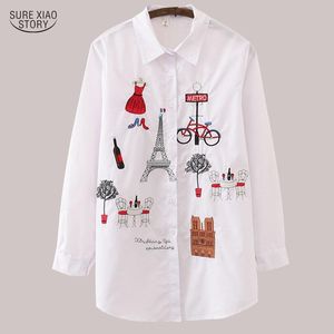 Camisa nova blusa branca Blusa 2023 Manga longa Bordada de algodão Blusa Lady Lady Button Design Turn Down Collar Camisa feminina 5083