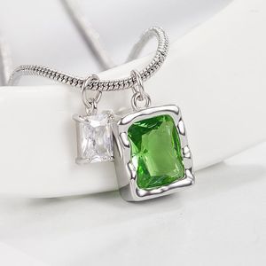 Pendant Necklaces Green Stone Double Necklace For Women White Gold Color Plated Sweater Chain Fashion Jewelry Female