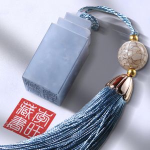 Stamping 25mm Square Chinese Seal Stone Natural Blue Jade Seals for Calligraphy Painting Custom Name Stamps with Tassel Red Inkpad