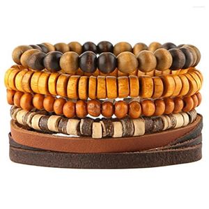 Bangle HZMAN Mix 5 Wrap Bracelets Men Women Coconut Shell Wood Beads Ethnic Tribal Leather Wristbands