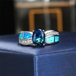 Wedding Rings Boho Female Blue White Fire Opal Ring Luxury Silver Color Oval Promise Love Engagement For Women