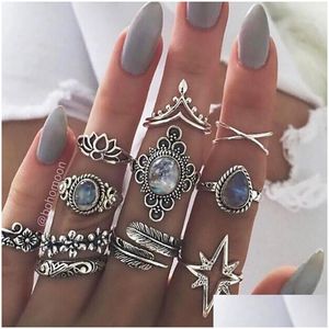 Cluster Rings Knuckle Ring Set Retro Diamond Carved Starry Gemstone 11 Piece Boho Can Be Superimposed Female Sier Drop Delivery Jewel Dhukr