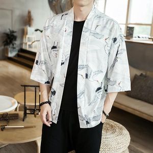 Herrjackor kranar tryckt sommar avslappnad hiphop harjuku tunn cardigan outwear coat mens kimono kinesiska kläder lösa streetwear