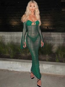 Rukas Solid Slips Long Sleeves Lace Up Sexy See Through Slim Maxi Dress 2023 Summer Women Y2K Beach Party ملهى ليلي الزي الليلي