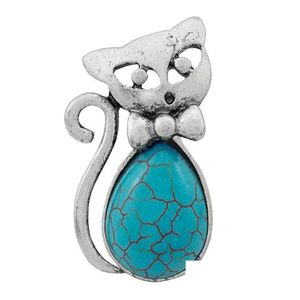 Band Rings Europe And America Ring Green Pine Ancient Sier Retro Bow Kitten Shape Turquoise Female Drop Delivery Jewelry Dhntl