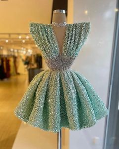 Turkusowa sukienka koktajlowa cekiny z koralikami w talii krótkie sukienki na bal maturalne mini imprezowy powrót do domu sukienka specjalna