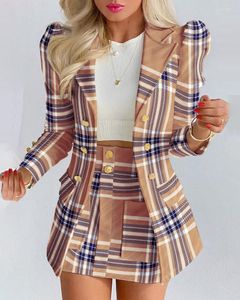 Two Piece Dress SeigurHry Womens Casual Plaid Open Front Blazer 2 Outfits Suits Long Sleeve Jacket Bodycon Mini Skirt Set Tailleur Femme