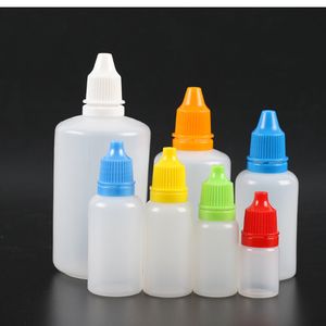 Garda de conta -gotas colorido de PE 2ml 5ml 10ml 15ml 20ml 30ml 50 ml de agulha com tampa de tampa infantil de calça de tampa de criança pontia lotada de gotas eliquid plásticas garrafa