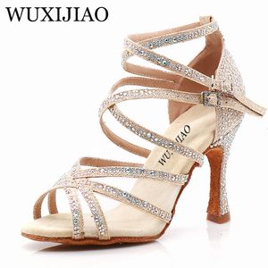 WUXIJIAO Latin Woman Salsa Silk Satin Dancing Shoes Glitter Professional Ballroom Soft Bottom 230516