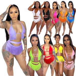 Designer Swimwear Summer Bikini Sets Women Sexy Swimsuits Backless Halter Bra and bottom tassels two Piece Sets Bathing suits Beach Wear Bulk Wholesale 9869