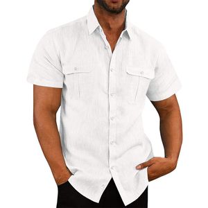メンズカジュアルシャツ夏のメンズシャツダブルポケットコットンリネン半袖シャツカジュアルホリデープレーンシャツホワイトトップアップシャツ230515