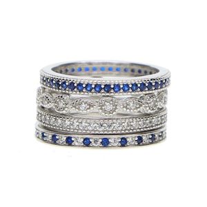 Bröllopsringar 2023 Toppkvalitet Elegant 925 Pure Silver Women Ring Delicate Thin Set Blue CZ PAVED 4PC stapelbar droppe