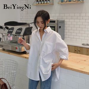 Frauen Blusen Shirts Beiyingni Frühling Herbst Frauen Weiß Plain Lose Übergroßen Weibliche Tops BF Koreanische Stil Blusas Taschen 230516