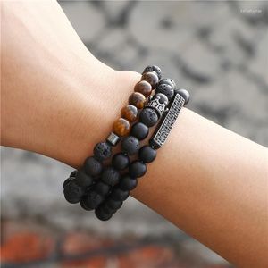 Charm Armband 3st/Set Punk 8mm Black Matte Lave Tiger Eye Stone Pärlade armband Set Men Women Classic CZ Bar Crown Jewelry