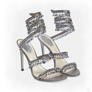 Sandallar Kristal Lamba Stiletto Topuk Sandaletler için Sandallar Rene Caovilla Cleo Rhinestone çivili yılan Strass ayakkabıları lüks tasarımcılar 9.5cm H