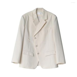 Women's Suits Ivory Women's Blazers Solid Slanted Placket Office Lady Jacket Fashion Design Single Breasted Loose Coat 2023 Spring