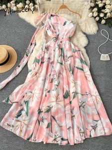 Повседневные платья yitimuceng chiffon maxi платья для женщин Favycore Diagonal воротник цветочные летние платья повседневные платья без спины 230515