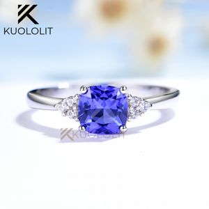 With Side Stones Kuololit Cushion Tanzanite Gemstone Ring for Women Girls Solid 925 Sterling Silver Jewelry Wedding Engagement Christmas Gifts 230516