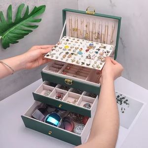 Jewelry Boxes Multi-functional PU Leather Drawer-style Jewelry Box Earrings Oversized Holder Case Earrings Lock Jewelry Box 230515