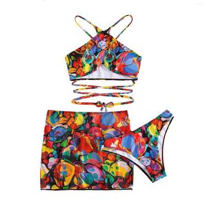 Kvinnors badkläder Kvinnors sommar 3st strandkläder set ärmlös hängande nackbandage toppar mönster tryck thong skjol