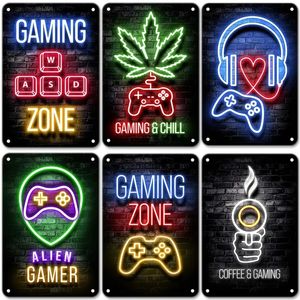 HISIMPLE Funny Designed Neon Sign Gaming Metal Painting Boys Gamer Poster Metal Plate Vintage Wall Art Decor for Boy Living Playroom Home Wall Sticker Size 30X20cm