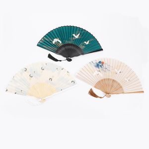 20pcs/lot 22cm Chinese Style Retro Green White Crane Folding Fan Daily Portable Dance Cheongsam Fan Perform Props Gift Favor