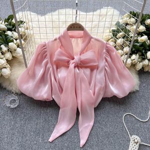 Women's Blouses Chic Satin Puff Short Sleeve Pleated Blouse Slim Elegant French Fashion Casual Crop Top Sexy Spring Summer Women Shirt