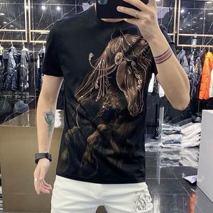 T-shirt da uomo con strass stampa animalier O-collo manica corta Tshirt da uomo con diamanti personalizzati base pullover moda estiva traspirante