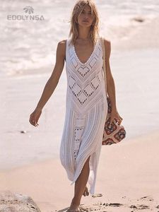 Roupa de banho 2023 sexy sem mangas bikini coverups branco crochê túnica malha verão praia vestido feminino beach wear nadar terno cobrir q1299