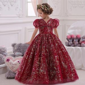 Kız Elbiseler Çocuk Sapıkları Kabarık Kollu Prenses Elbise 5-14 Yaşındaki İnci Yay Mesh Düğün Ziyafet Ev Sahibi Akşam