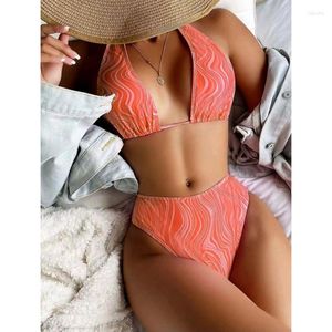 Women's Swimwear 2023 Woman Sexy Swimsuit Printed Split Two-pieces High Waist Stripe Backless Lace Up Bathing Suit Female Bikini Set