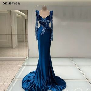 Party Dresses Smileven Blue Saudi Arabia Mermaid Evening Long Sleeve Beading Crystal Velvet Prom Modern 2023 230515