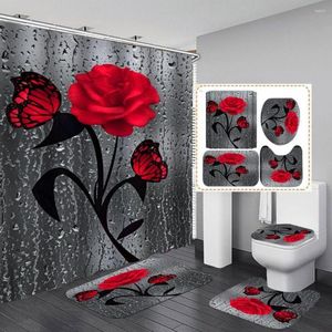 Shower Curtains Rose Flower Teal Curtain Set Butterfly Floral Bath Sets With Hooks Non-Slip Rugs Toilet Lid Cover Bathroom Mat