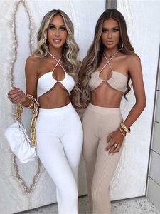 Rukas Ribbed Halter Backless Pets Up Sexy Crop Camis Flare Pants 2 Piece Set 2023 Summer Women Clothes Beach Rave Party