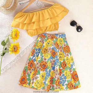 Cross Border Consolidation of Girls' Summer Children's Clothing Westernized One Line Collar Top Half Body Skirt, Two Piece Set for Foreign Trade