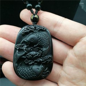 Pendant Necklaces Drop Fine Carving Obsidian Two Fish And Lotus Black Obsdian Men's Jewelry