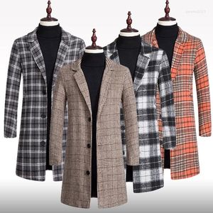 Men's Wool Stylish Plaid Trench Coat Winter Long Woolen Single Breasted Overcoat Outwear Jacket