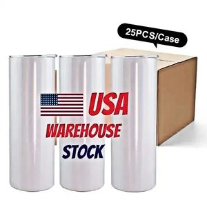 US CA STOCK 20oz Blanks White Sublimation Mugs Water Bottle Drinkware Stainless Steel Tumblers With Plastic Straw And Lid new 0516