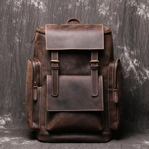 Backpack Men's Retro Crazy Horse Couro Male Genuíno Vaca Backpacks Laptop Big Bolsa de Cubos de Viagem ao Ar Livre ao Ar Livre