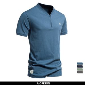 Mens Camisetas AIOPESON 100% Algodão Camiseta Cor Sólida Casual Vneck Zipper Camiseta para o Verão de Alta Qualidade Marca Tops Tees 230516