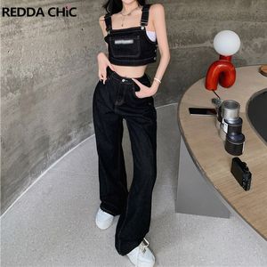 Pontas femininas S Reddakchic Acubi Moda Conjunto Celana Atasan Dua Jeans Ponton Hitam Wanita General Jumpsuit Saku Besar Romper Setelan Denim Dungaree 230515