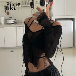 Maglietta da donna PixieKiki Kaus Hitam Lengan Panjang Leher V Renda Seksi per Wanita Pakaian Klub Blus Jala Atasan Crop Tembus Pandang P94 BB10 230515