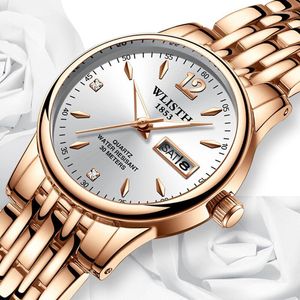 Wristwatches wlisth en iyi marka kadınlar izle tungsten çelik saatler sevgililer hediye gül altın Çince takvim kuvars saat su geçirmez