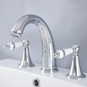 Bathroom Sink Faucets Polished Chrome Double Handle Basin Faucet Deck Mounted Tub Mixer Taps Widespread 3 Holes Nnf977