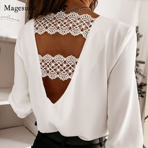 Blouses feminina camisas chiques traseiro em forma de v alcance de renda de renda de renda oca Blusa branca moda sexy decote em V e camisa de mangas compridas de inverno 12460 230516